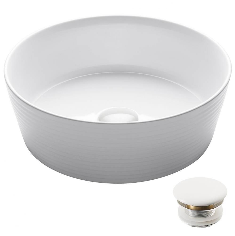 Viva Round White Porcelain Ceramic Vessel Bathroom Sink with Pop-Up Drain, 15 3/4 in. D x 5 3/8 in