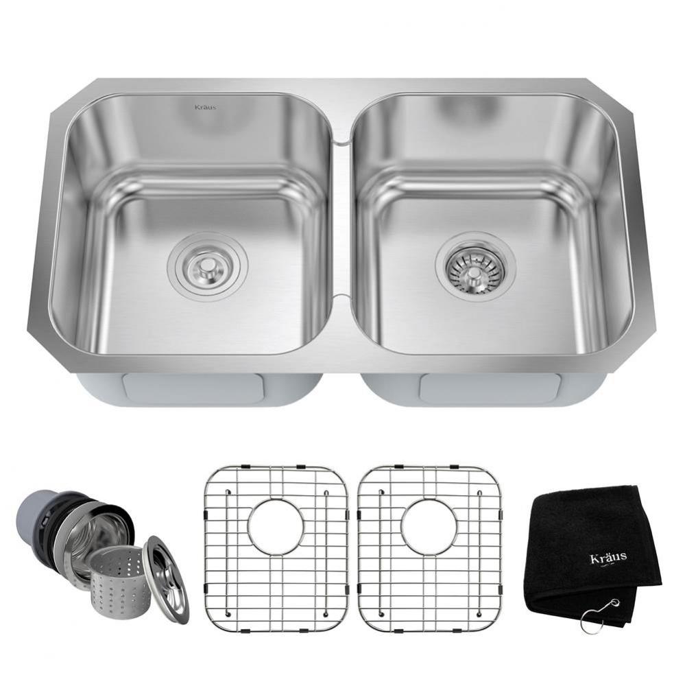 Premier 32-inch 18 Gauge Undermount 50/50 Double Bowl Stainless Steel Kitchen Sink