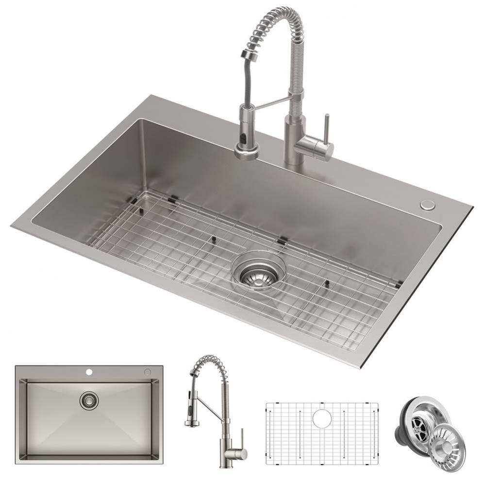 Stark 33-inch Dual Mount Kitchen Sink and Pull-Down Commercial Kitchen Faucet Combo in Spot Free S