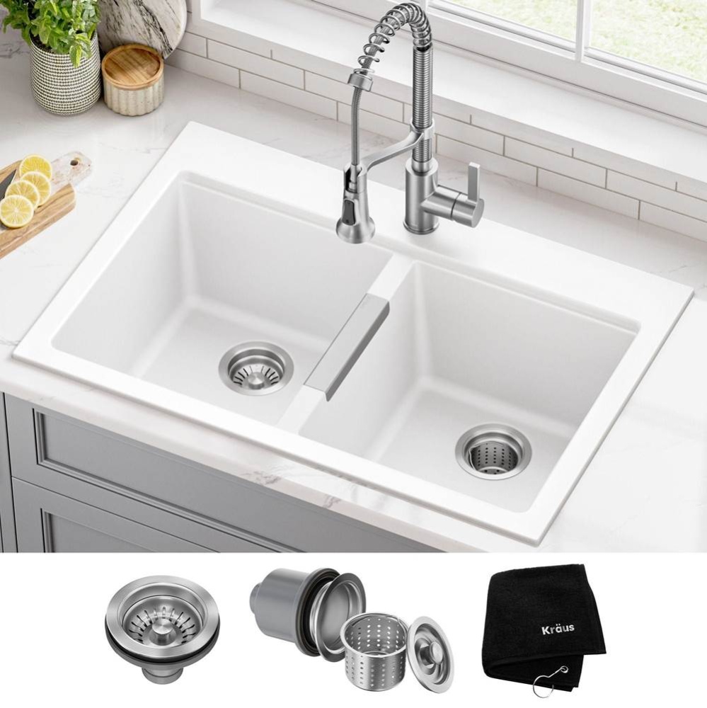 Quarza 33'' Granite Drop In / Undermount 50/50 Double Bowl White Kitchen Sink