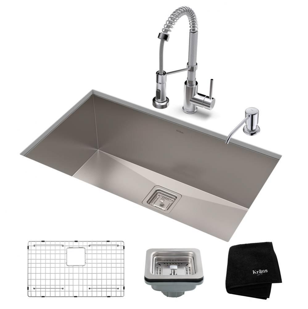 28 1/2-inch 16 Gauge Pax Kitchen Sink Combo Set with Bolden 18-inch Kitchen Faucet and Soap Dispen