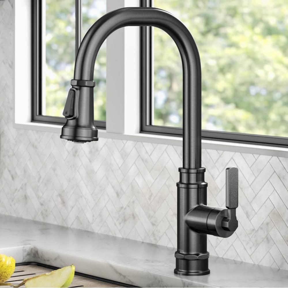 Allyn Transitional Industrial Pull Down Single Handle Kitchen Faucet In Spot Free Black Stainless