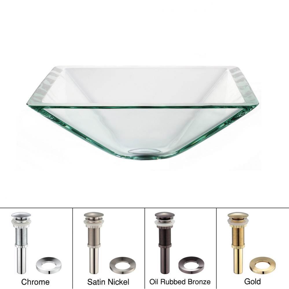 KRAUS Square Glass Vessel Sink in Clear with Pop-Up Drain and Mounting Ring in Chrome