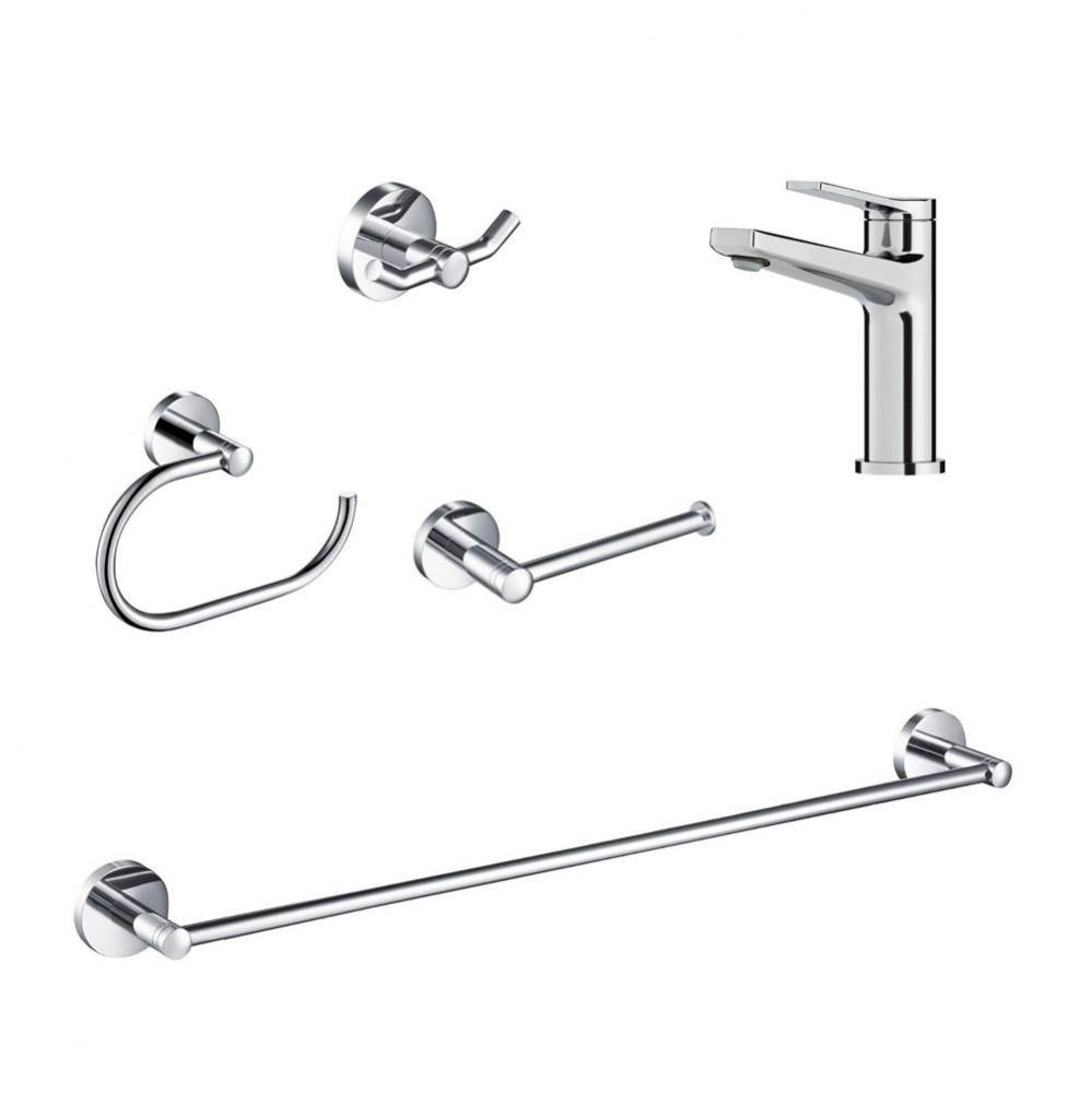 Indy Single Handle Bathroom Faucet with 24-inch Towel Bar, Paper Holder, Towel Ring and Robe Hook