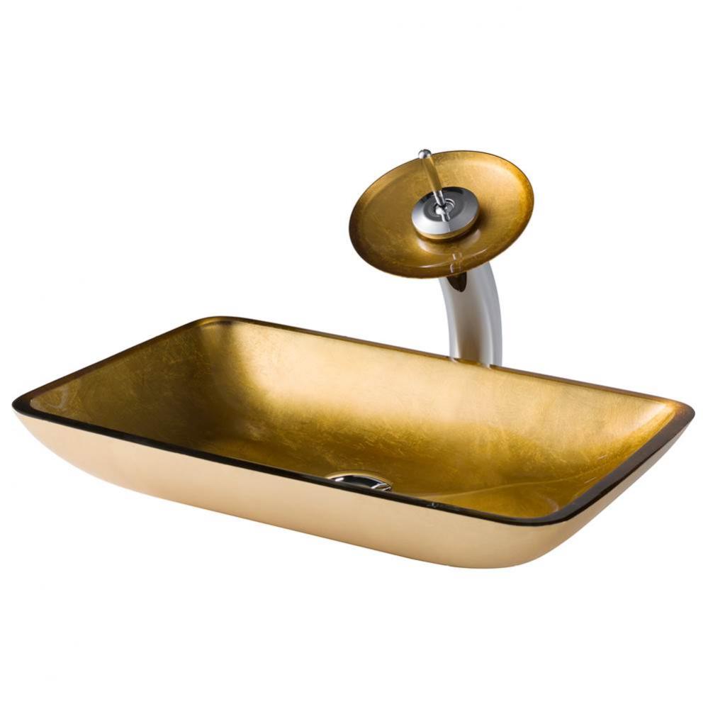 KRAUS Rectangular Gold Glass Bathroom Vessel Sink and Waterfall Faucet Combo Set with Matching Dis