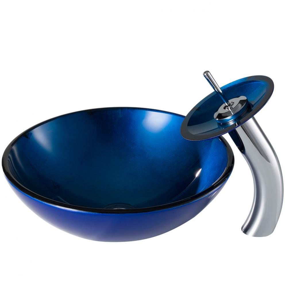 KRAUS Irruption Blue Glass Bathroom Vessel Sink and Waterfall Faucet Combo Set with Matching Disk