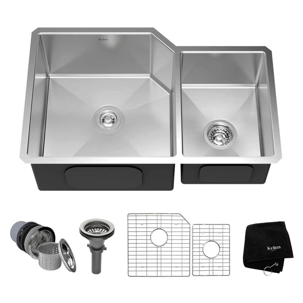 32 Inch Undermount 60/40 Double Bowl 16 Gauge Stainless Steel Kitchen Sink with NoiseDefend Soundp