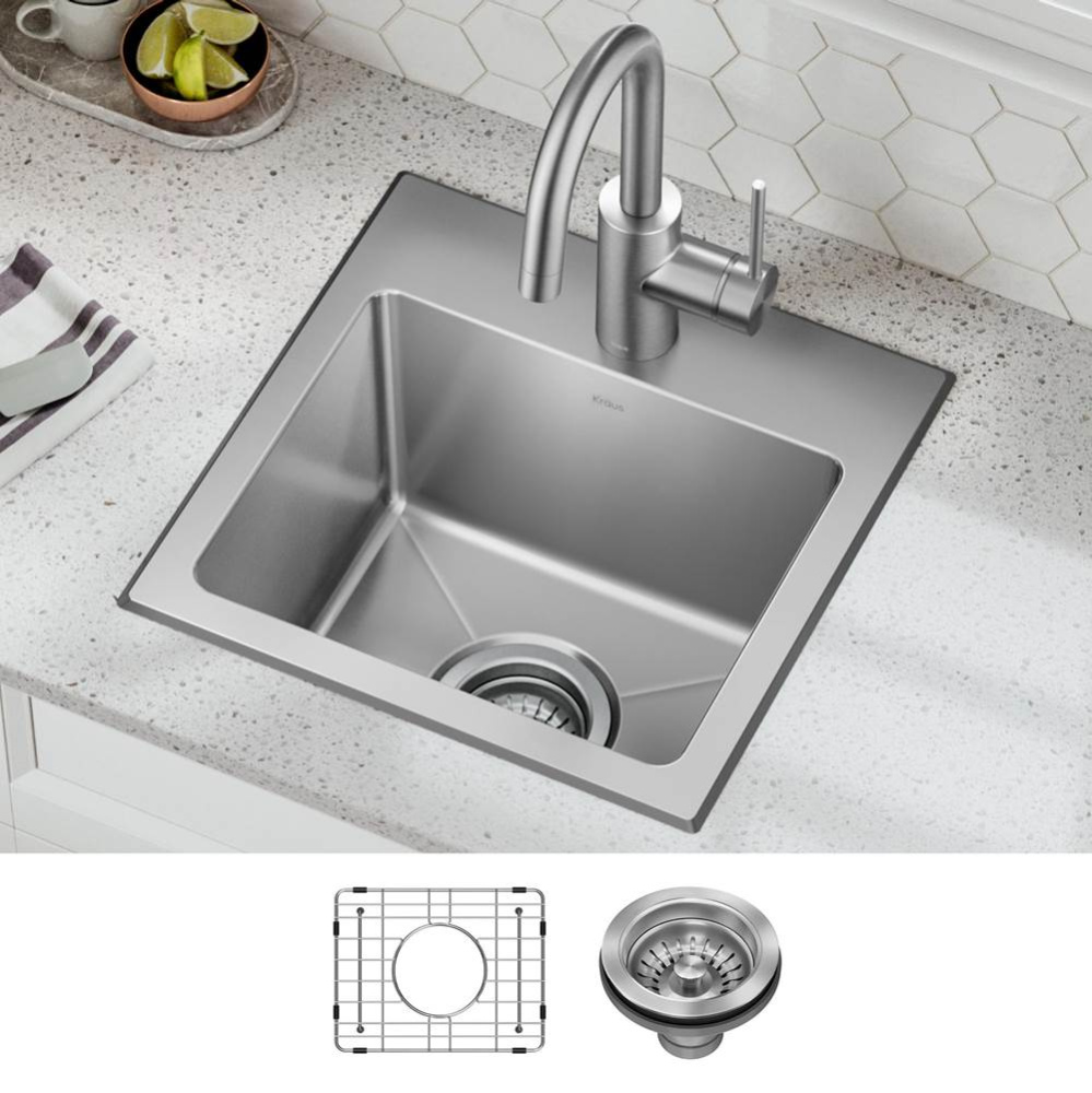 Fairlane 15'' Drop In / Top Mount Single Bowl 18-Gauge Stainless Steel Kitchen Bar Sink