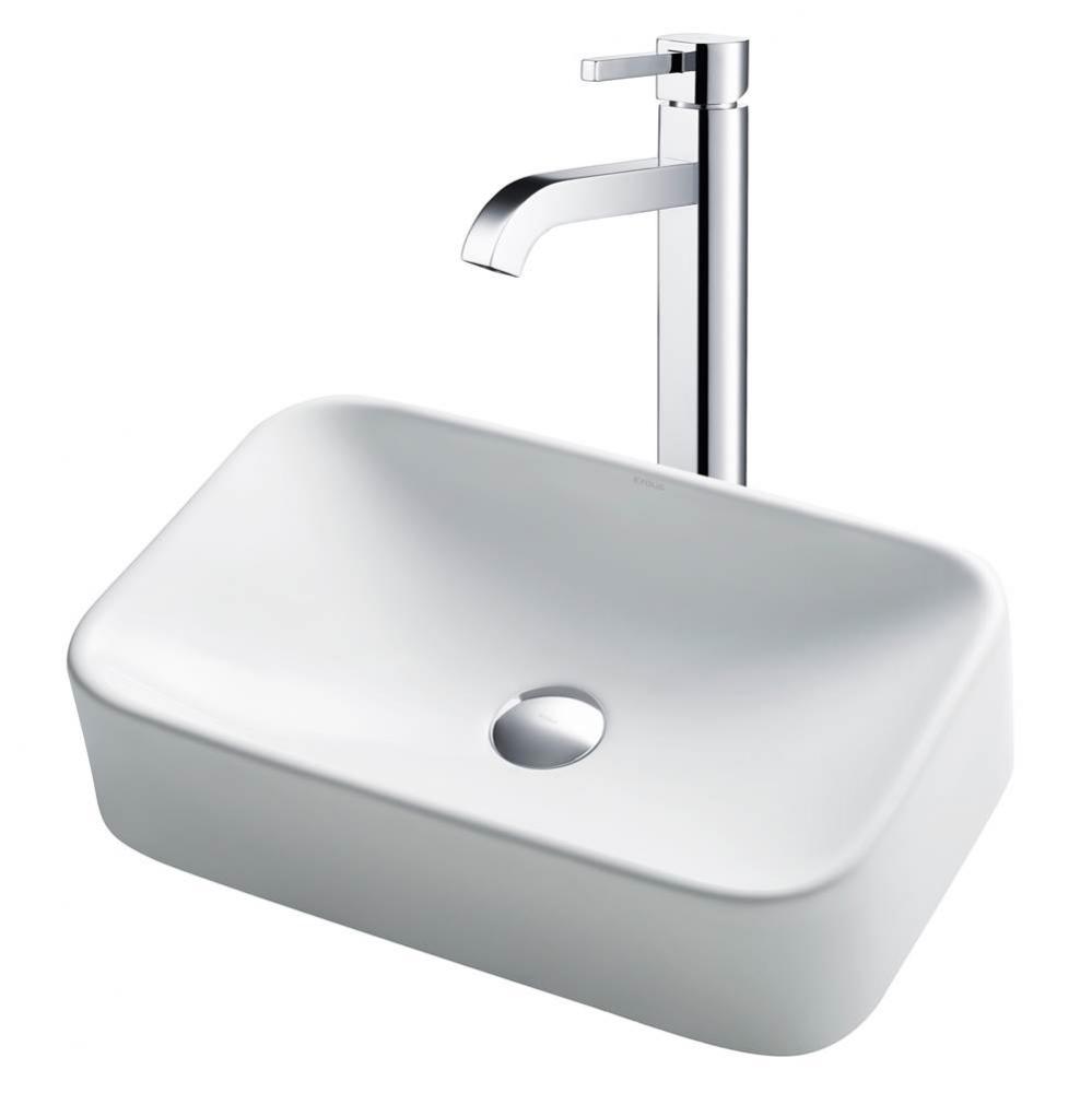 19-inch Rectangular White Porcelain Ceramic Bathroom Vessel Sink and Ramus Faucet Combo Set with P