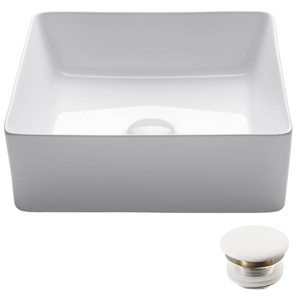 Viva Square White Porcelain Ceramic Vessel Bathroom Sink with Pop-Up Drain, 15 5/8 in. L x 15 5/8