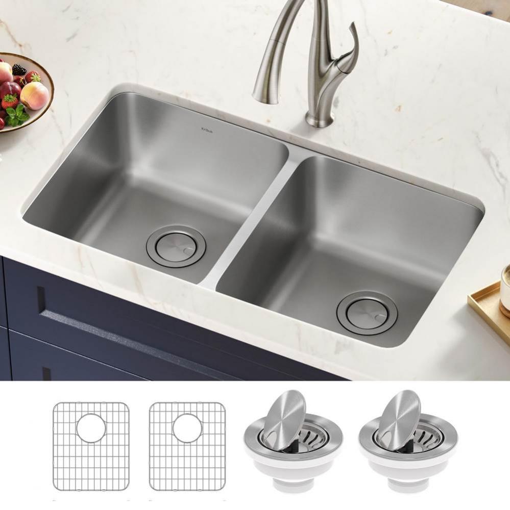 KRAUS Dex 33 in. Undermount 16 Gauge Antibacterial Stainless Steel Double Bowl Kitchen Sink