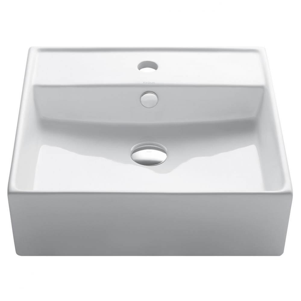 KRAUS Elavo Square Vessel White Porcelain Ceramic Bathroom Sink with Overflow, 18 1/2