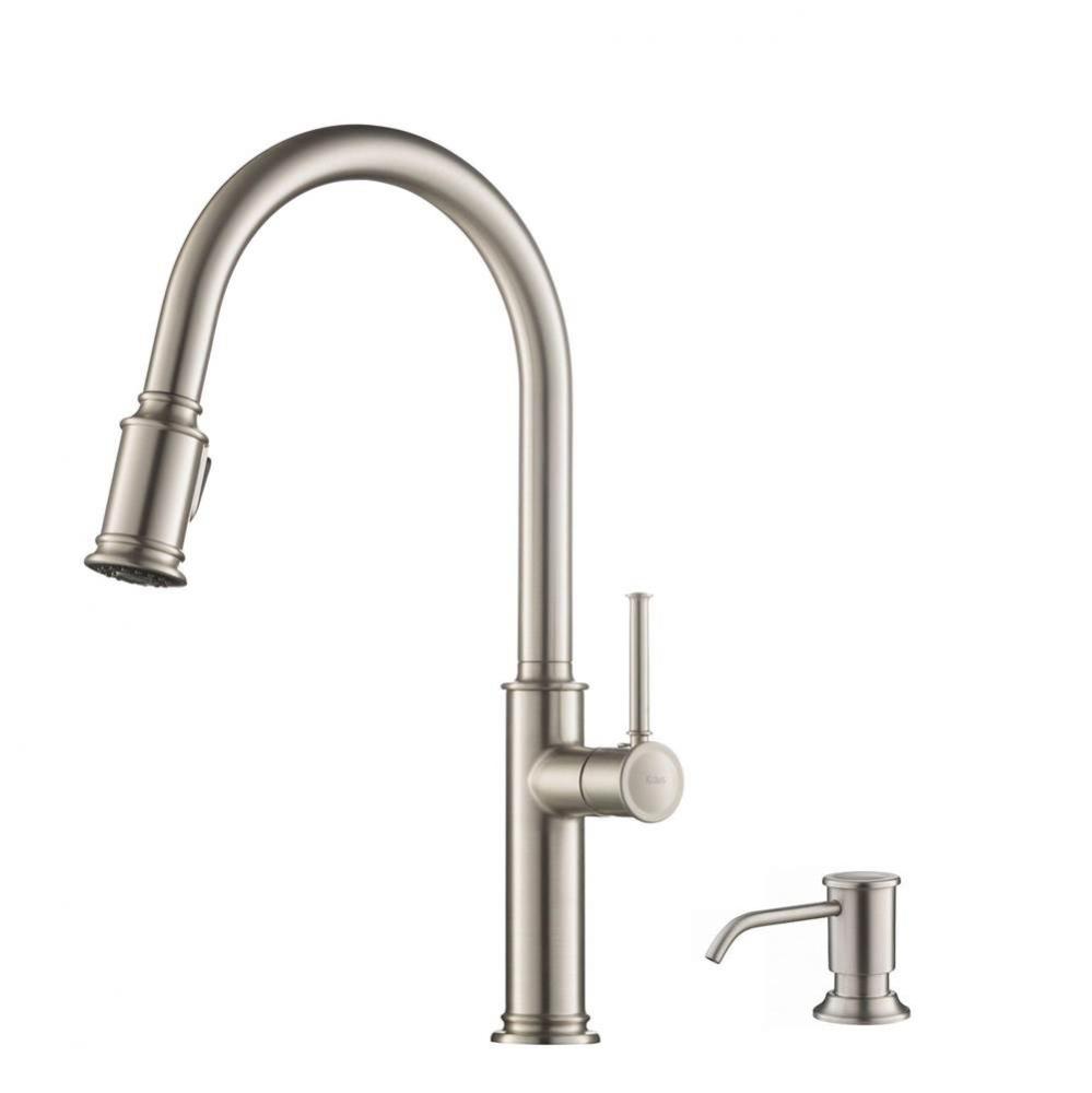 Sellette™ Single Handle Pull Down Kitchen Faucet with Deck Plate and Soap Dispenser in all-Brite