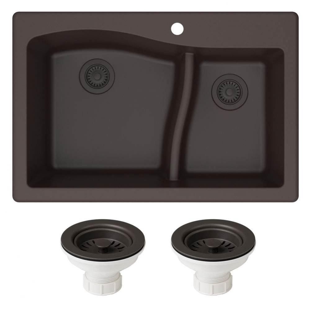 Quarza 33'' Dual Mount 60/40 Double Bowl Granite Kitchen Sink and Strainers in Brown