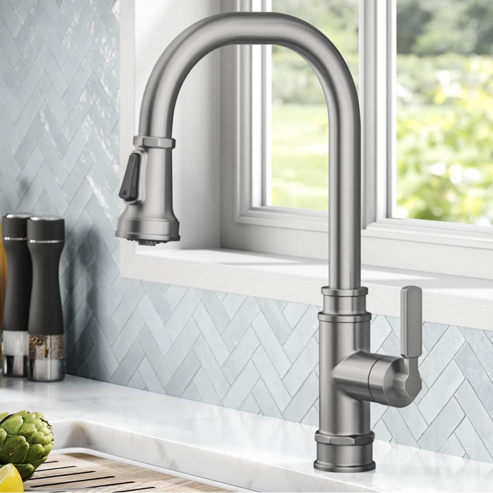 Allyn Transitional Industrial Pull Down Single Handle Kitchen Faucet In Spot Free Stainless Steel