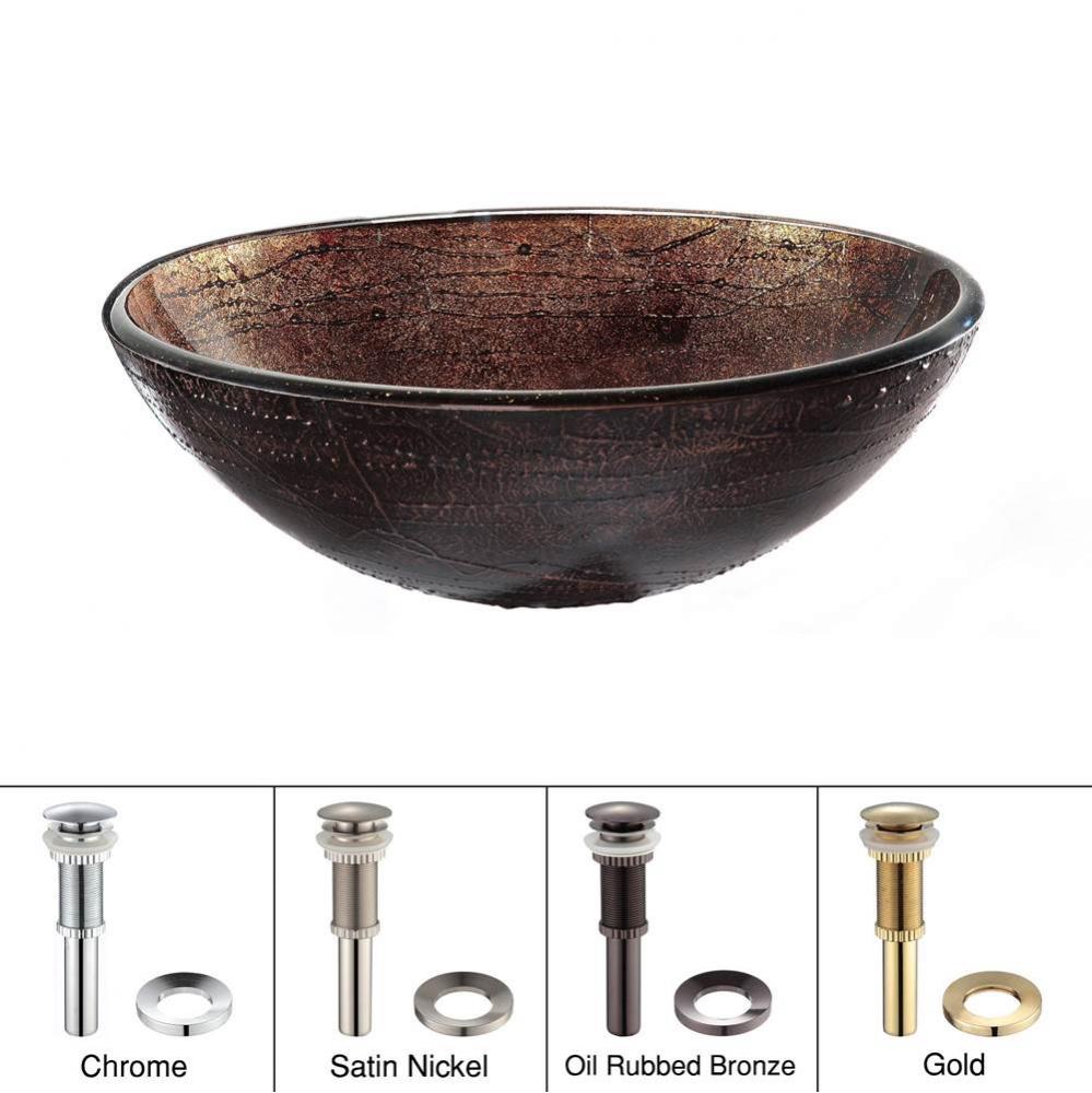 KRAUS Copper Illusion Glass Vessel Sink in Brown with Pop-Up Drain and Mounting Ring in Satin Nick