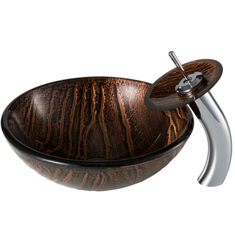 Nature Series™ Brown Glass Bathroom Vessel Sink and Waterfall Faucet Combo Set with Matching Dis