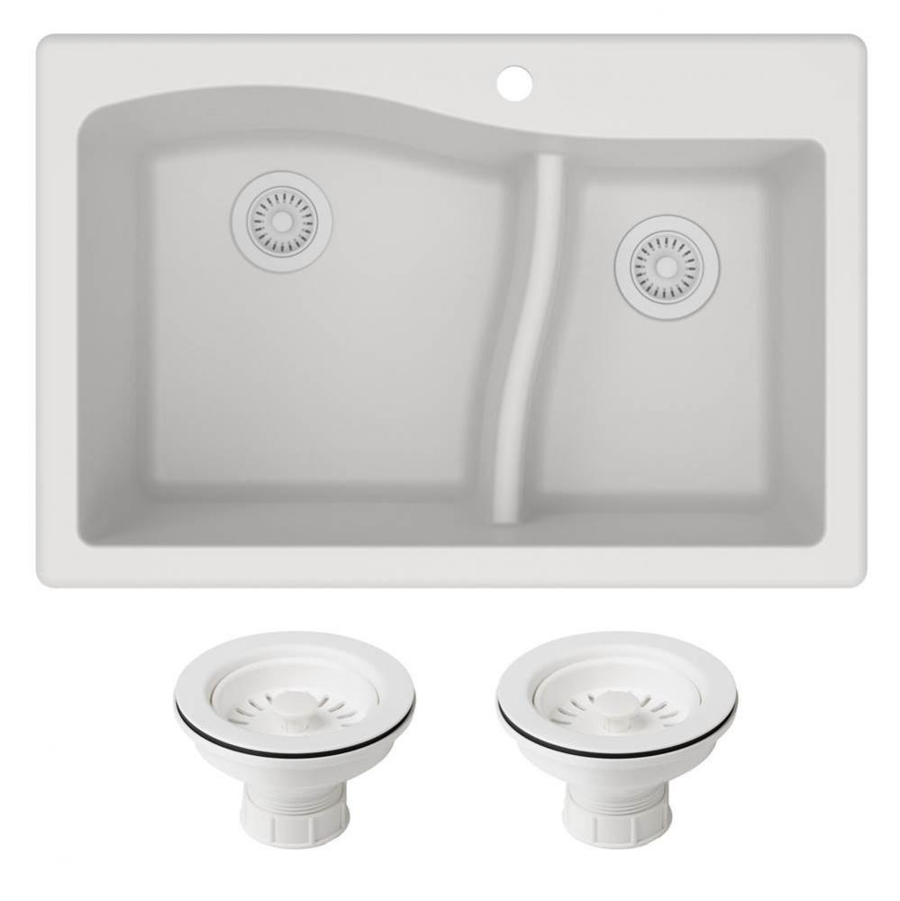 Quarza 33'' Dual Mount 60/40 Double Bowl Granite Kitchen Sink and Strainers in White