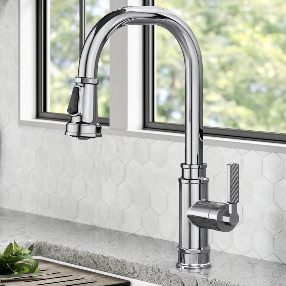 Allyn Transitional Industrial Pull Down Single Handle Kitchen Faucet In Chrome