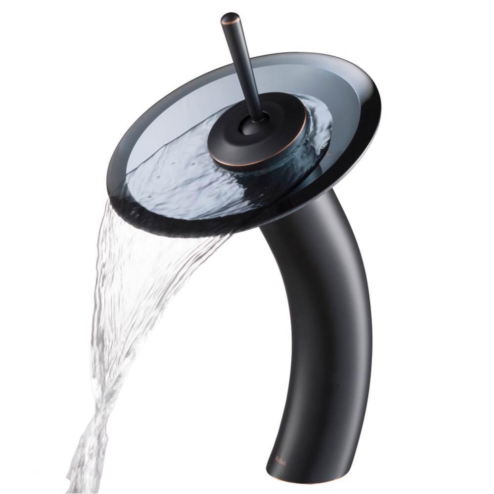 Tall Waterfall Bathroom Faucet for Vessel Sink with Clear Black Glass Disk, Oil Rubbed Bronze Fini