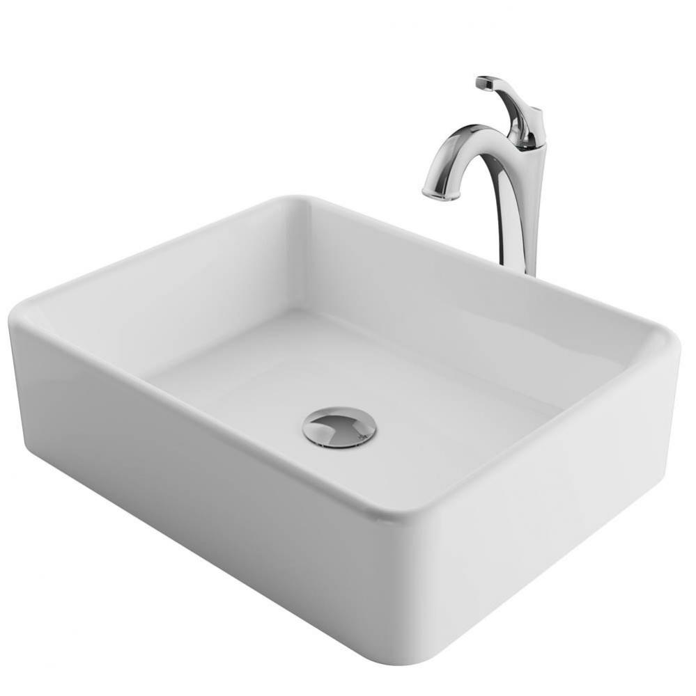 Elavo 19-inch Modern Rectangular White Porcelain Ceramic Bathroom Vessel Sink and Arlo Faucet Comb