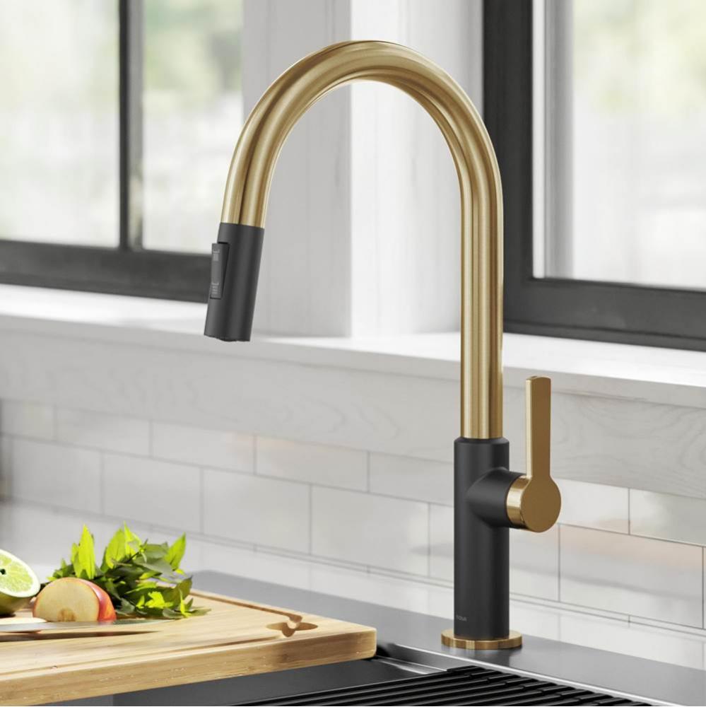 KRAUS® Oletto™ Single Handle Pull-Down Kitchen Faucet in Brushed Brass / Matte Black