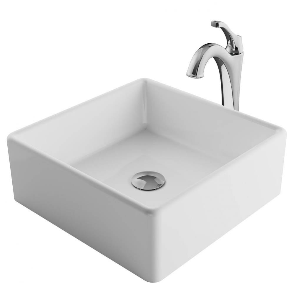 Elavo 15-inch Square White Porcelain Ceramic Bathroom Vessel Sink and Arlo Faucet Combo Set with P