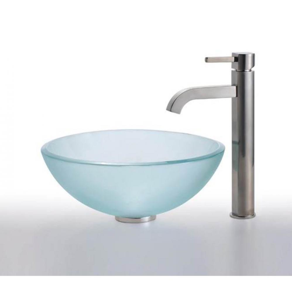 Frosted Glass Vessel Sink in Clear with Single Hole Single-Handle Ramus Faucet in Satin Nickel