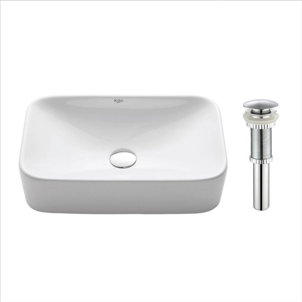 KRAUS Soft Rectangular Ceramic Vessel Bathroom Sink in White with Pop-Up Drain in Chrome