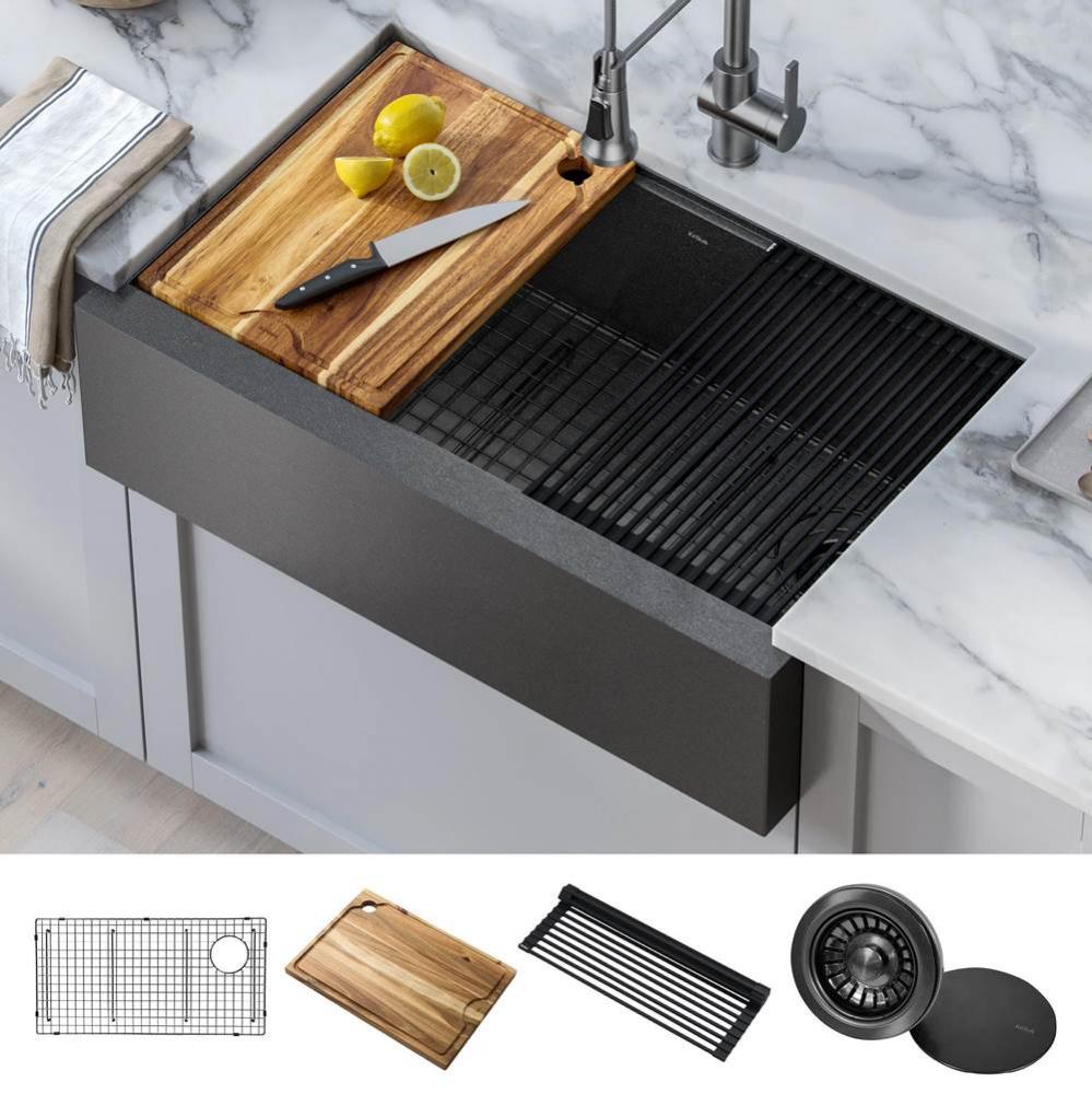 Kore™ Workstation 33” Farmhouse Modern Flat Apron Front 16 Gauge Black Stainless Steel Single