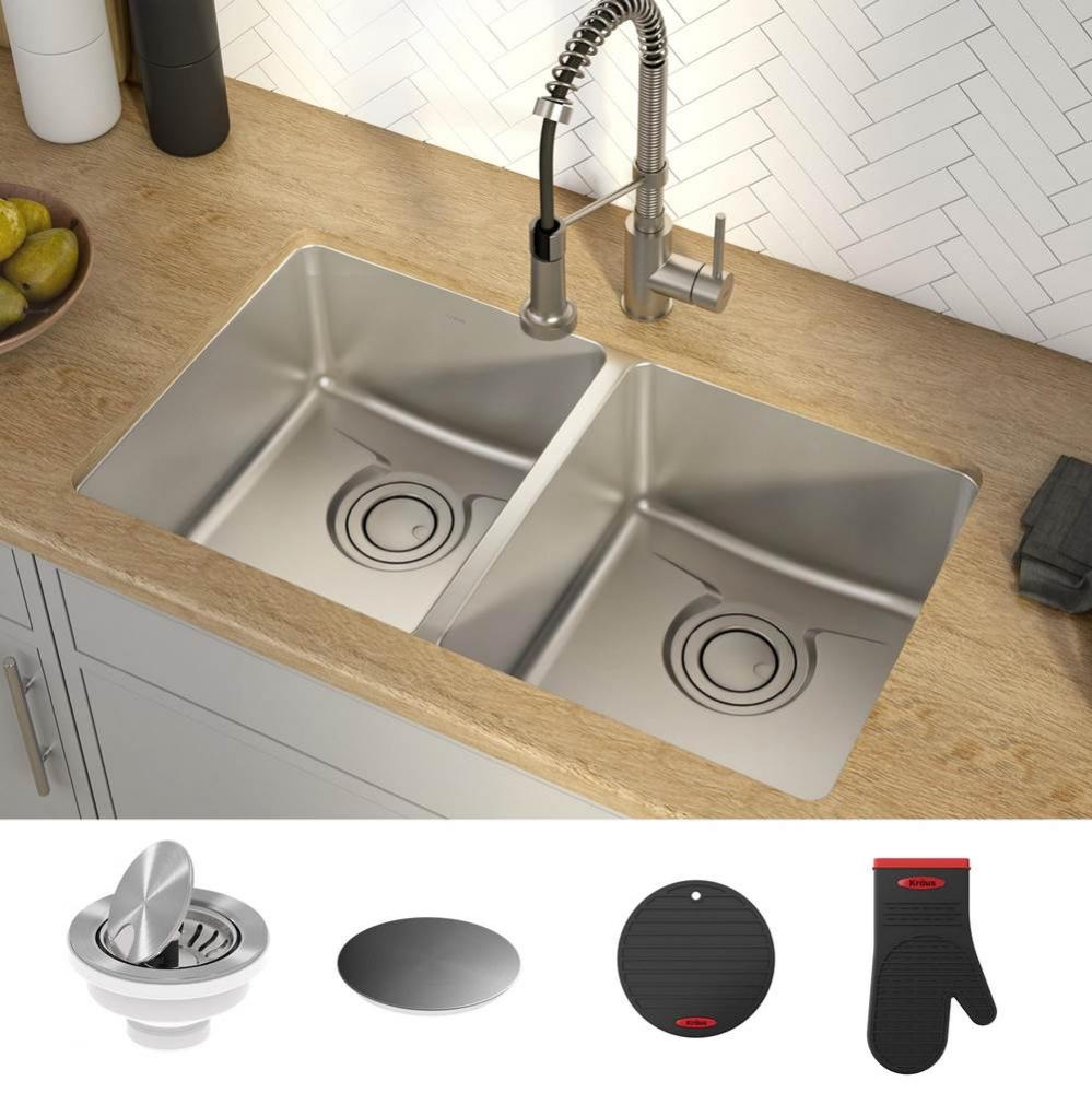 KRAUS Dex 33-Inch Undermount 50/50 Double Bowl T304Plus TRU16 Gauge Stainless Steel Kitchen Sink w