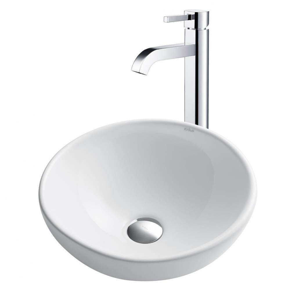 16-inch Round White Porcelain Ceramic Bathroom Vessel Sink and Ramus Faucet Combo Set with Pop-Up