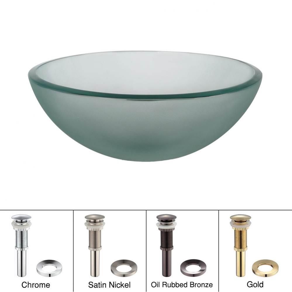 KRAUS 14 Inch Glass Vessel Sink in Frosted with Pop-Up Drain and Mounting Ring in Chrome