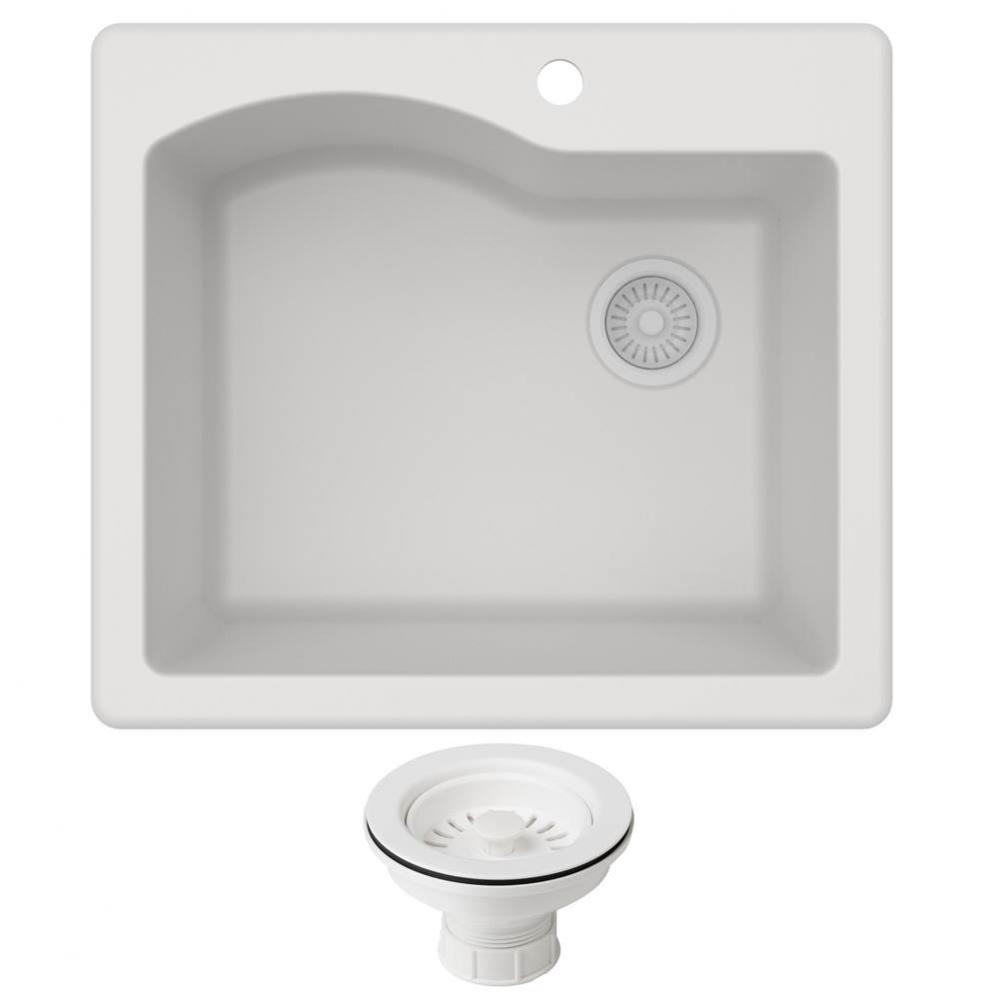 Quarza 25'' Dual Mount Single Bowl Granite Kitchen Sink and Strainer in White