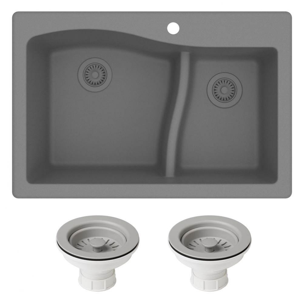 Quarza 33'' Dual Mount 60/40 Double Bowl Granite Kitchen Sink and Strainers in Grey