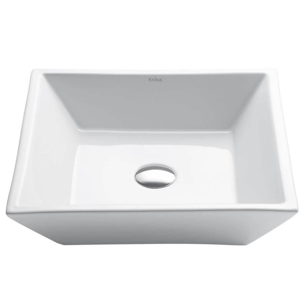 KRAUS Elavo Square Vessel White Porcelain Ceramic Bathroom Sink, 16 inch