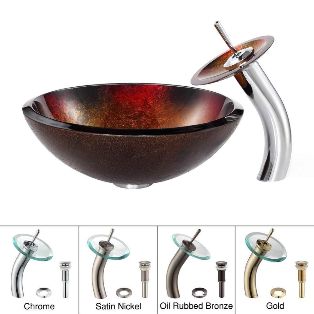 KRAUS Mercury Glass Vessel Sink in Red/Gold with Waterfall Faucet in Chrome
