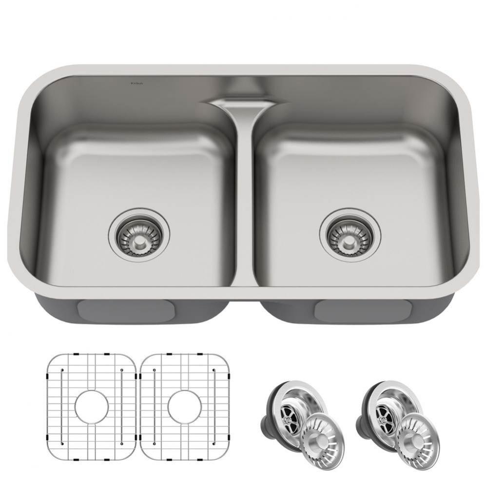 Premier 32-inch 16 Gauge Undermount 50/50 Double Bowl Stainless Steel Kitchen Sink