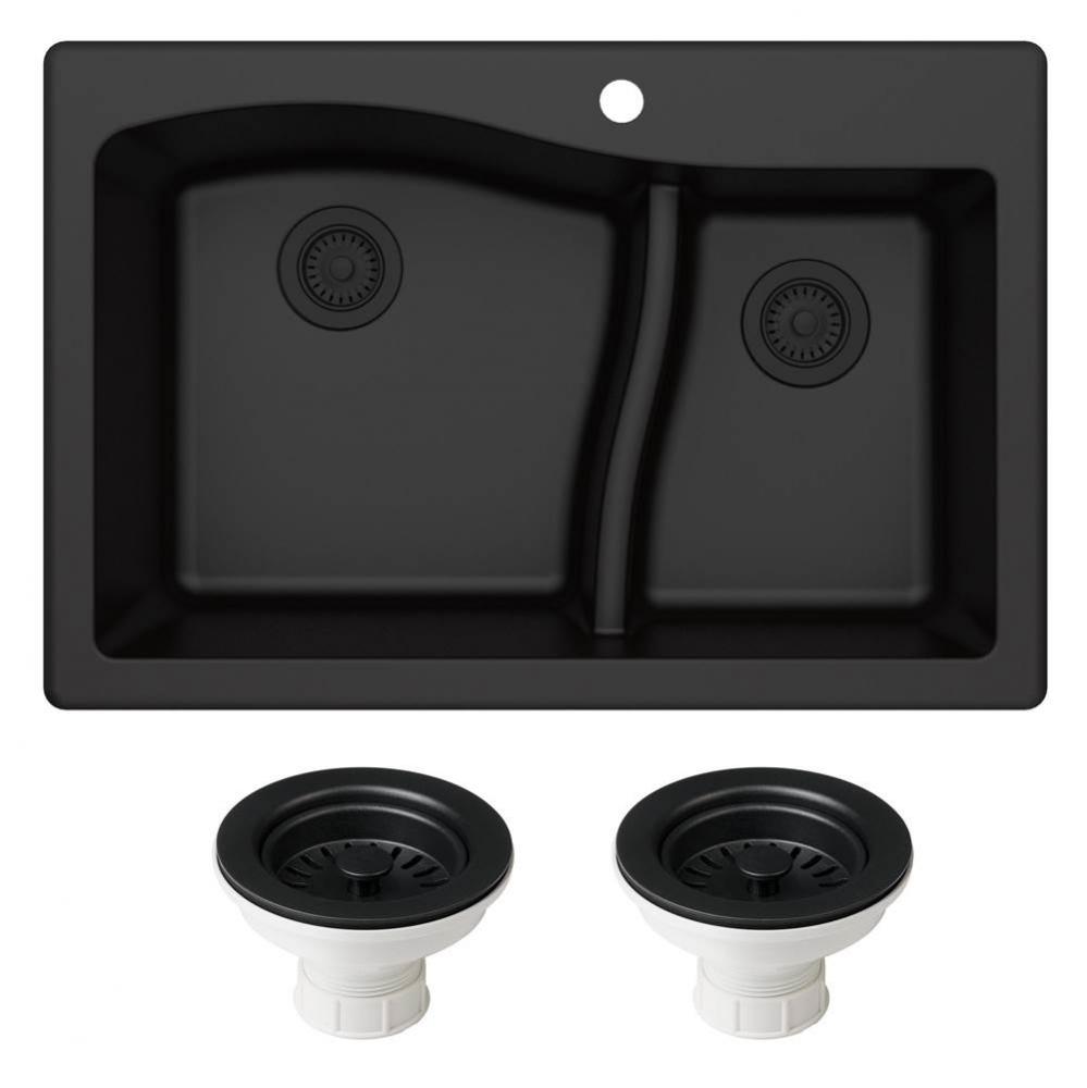 Quarza 33'' Dual Mount 60/40 Double Bowl Granite Kitchen Sink and Strainers in Black