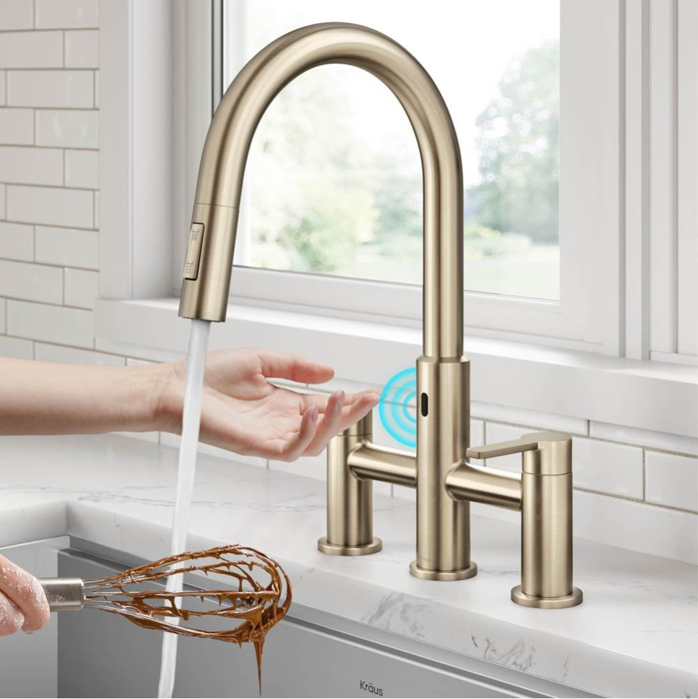 Oletto Touchless Sensor Bridge Kitchen Faucet with Pull-Down Sprayhead in Spot-Free Antique Champa