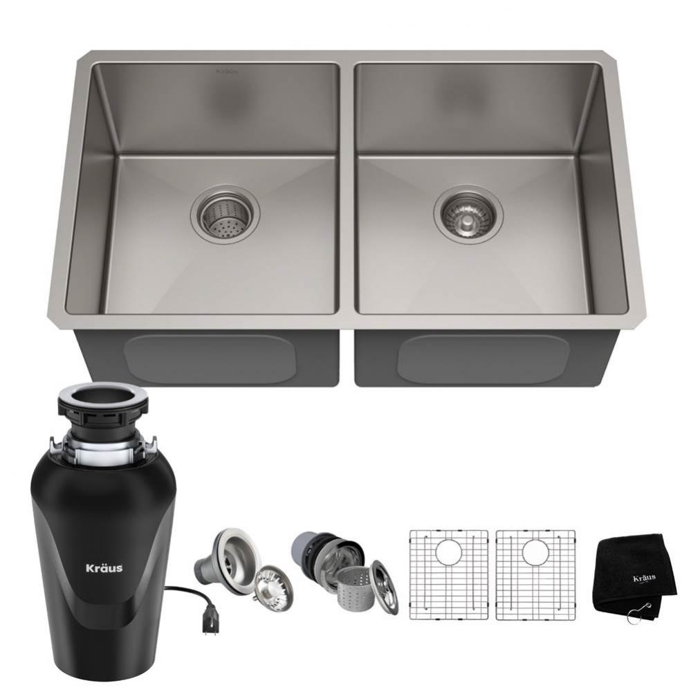 Standart PRO™ 33-inch 16 Gauge Undermount 50/50 Double Bowl Stainless Steel Kitchen Sink with Wa