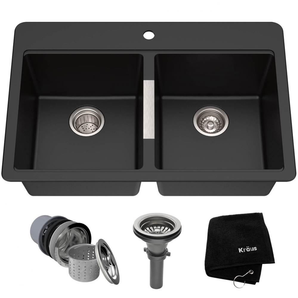 KRAUS 33 Inch Dual Mount 50/50 Double Bowl Granite Kitchen Sink w/ Topmount and Undermount Install