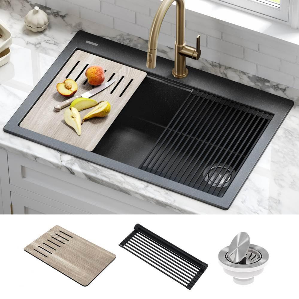 Bellucci Workstation 33 in. Drop-In Granite Composite Single Bowl Kitchen Sink in Metallic Black w