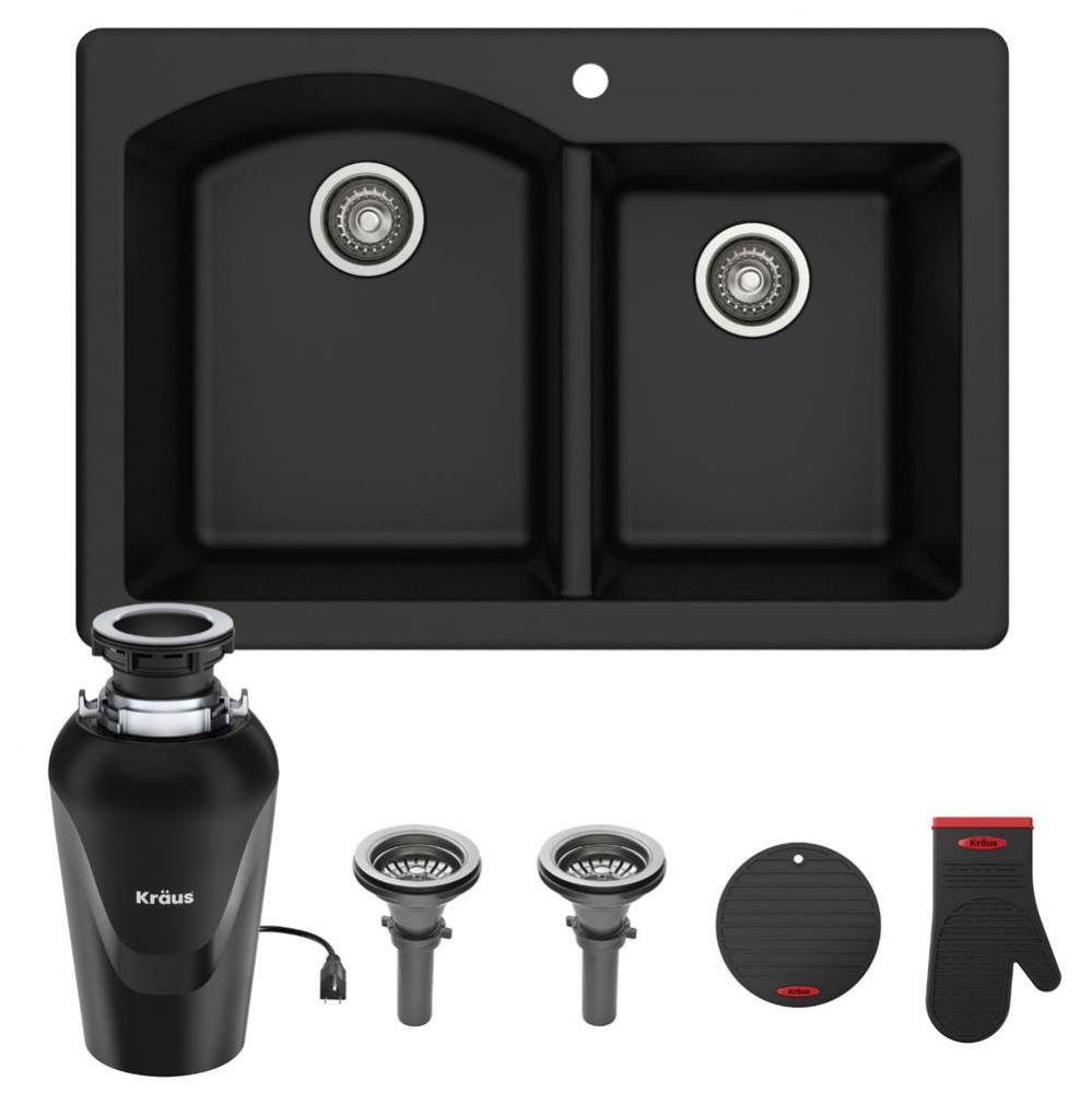 Forteza 33'' Dual Mount 60/40 Double Bowl Granite Kitchen Sink in Black with WasteGuard