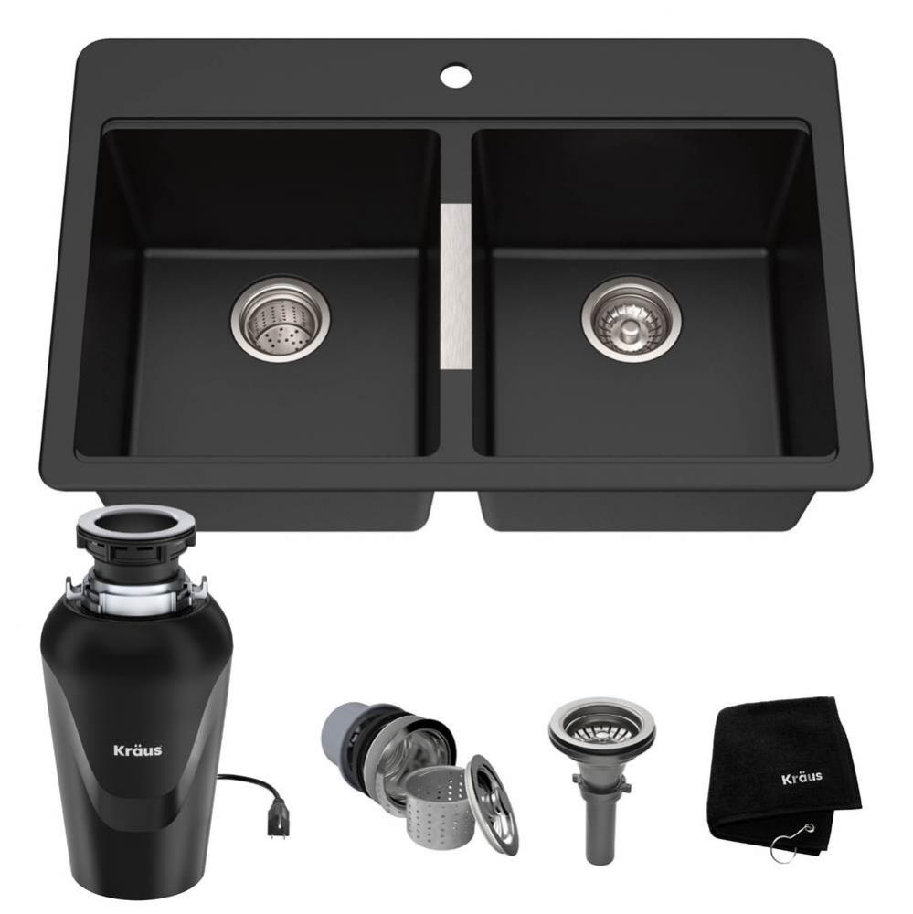 KRAUS 33 Inch Dual Mount 50/50 Double Bowl Granite Kitchen Sink w/ Top mount and Undermount Instal