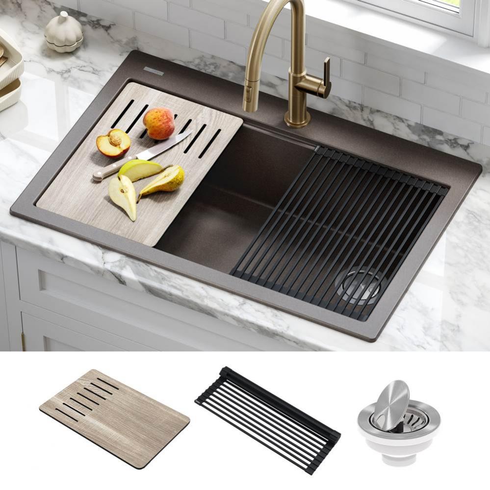 Bellucci Workstation 33 in. Drop-In Granite Composite Single Bowl Kitchen Sink in Metallic Brown w