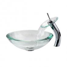 Kraus C-GV-150-19mm-10CH - KRAUS 34 mm Thick Glass Vessel Sink in Clear with Waterfall Faucet in Chrome