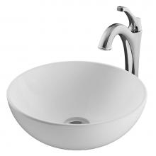 Kraus C-KCV-341-1200CH - Elavo 14-inch Round White Porcelain Ceramic Bathroom Vessel Sink and Arlo Faucet Combo Set with Po