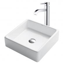 Kraus C-KCV-120-1007CH - 15-inch Square White Porcelain Ceramic Bathroom Vessel Sink and Ramus Faucet Combo Set with Pop-Up
