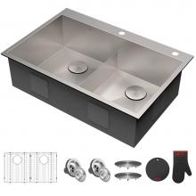 Kraus KP1TD33S-2 - KRAUS 33 x 22 inch Pax™ Drop-In Topmount 16 Gauge Zero-Radius Double Bowl 2-Hole Stainless Steel